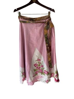 Darn Good Yarn Reversible Sari Silk Pink Floral A-Line Wrap Skirt Size 4-12